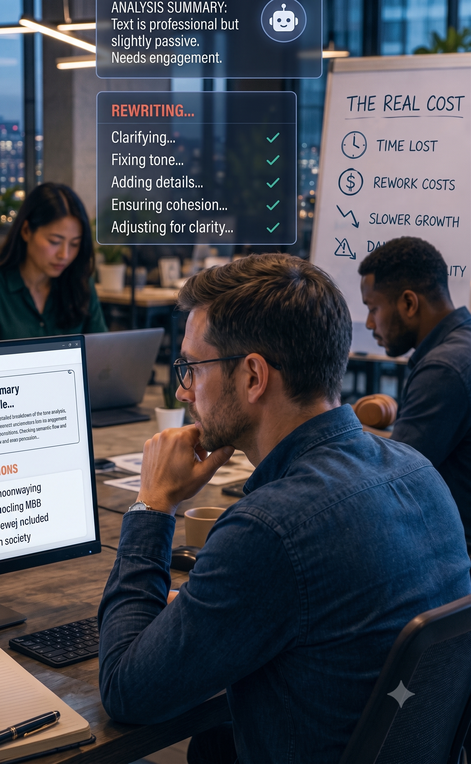 Business professionals seated at round tables with laptops and notebooks open during a hands-on workshop — the human context behind every AI intent gap.
